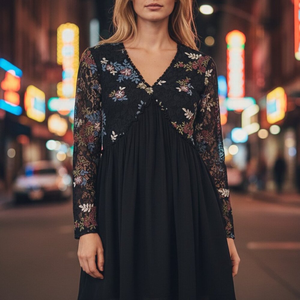 Chelsea and Violet Romantic Rebel‎ Black Floral Lace Dress Women’s Size